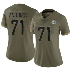 Women's Blaise Andries Miami Dolphins No.71 Limited 2022 Salute To Service Jersey - Olive