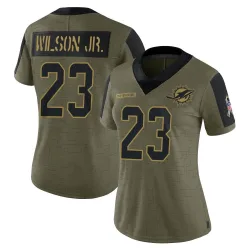 Women's Jeff Wilson Jr. Miami Dolphins No.23 Limited 2021 Salute To Service Jersey - Olive