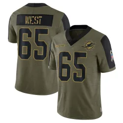Youth Addison West Miami Dolphins No.65 Limited 2021 Salute To Service Jersey - Olive